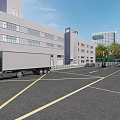 Industrial Factory Building Exterior with Truck in Parking Lot and Palm Trees Near Urban Skyline