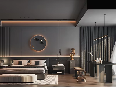 Modern Bedroom Interior Design With Circular Wall Decor Bedside Tables And Ambient Lighting 3d model