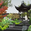 Chinese Garden Landscape Featuring Pagoda Waterfall Stone Bridge Lush Greenery and High-rise Buildings