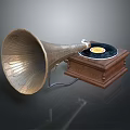 Classic Vintage Phonograph with Brass Horn Wooden Base and Gold Label Vinyl Record