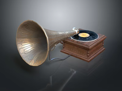 Classic Vintage Phonograph with Brass Horn Wooden Base and Gold Label Vinyl Record 3d model