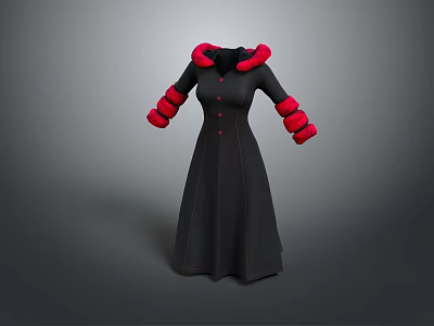 Stylish Black Long Coat With Red Fur Collar And Cuffs Decorative Buttons Design 3d model