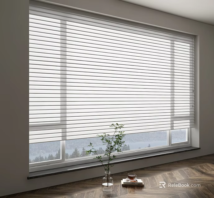 White Window Blinds On Large Window With Indoor Plant And Natural View Outside Wooden Floor 3d model 