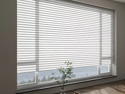 White Window Blinds On Large Window With Indoor Plant And Natural View Outside Wooden Floor 3d model