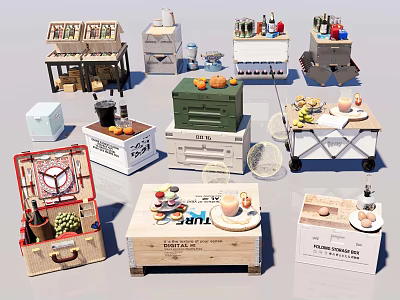 Market Style Display Props With Wooden Crates Trolleys Fruits And Drinks 3d model