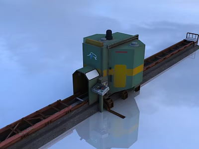 Heavy Duty Industrial Equipment With Green Yellow Body Control Panel And Conveyor Rail System 3d model