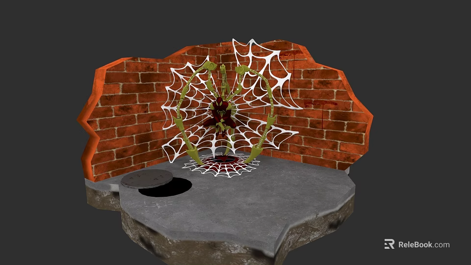 Game Movie Spider Character On Red Brick Wall With Web And Gray Stone Floor Hole 3d model 
