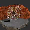 Game Movie Spider Character On Red Brick Wall With Web And Gray Stone Floor Hole