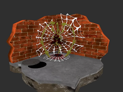 Game Movie Spider Character On Red Brick Wall With Web And Gray Stone Floor Hole 3d model