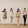 Six Women Standing Together In Various Stylish Outfits Against Light Wall And Wooden Floor