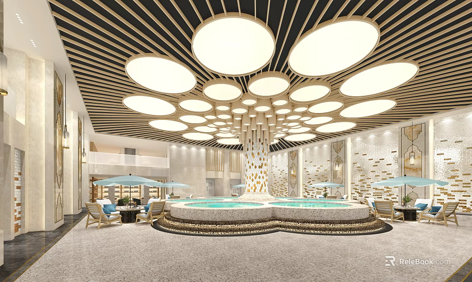 Luxury SPA Sauna Interior Design With Indoor Pool And Relaxation Lounge Areas 3d model 