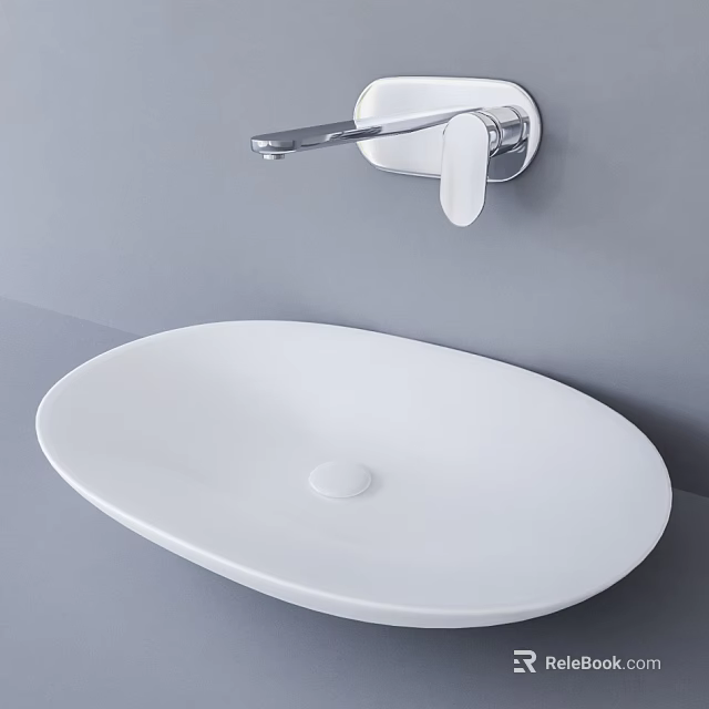 Modern White Ceramic Oval Bathroom Washbasin With Silver Faucet On Gray Wall 3d model 