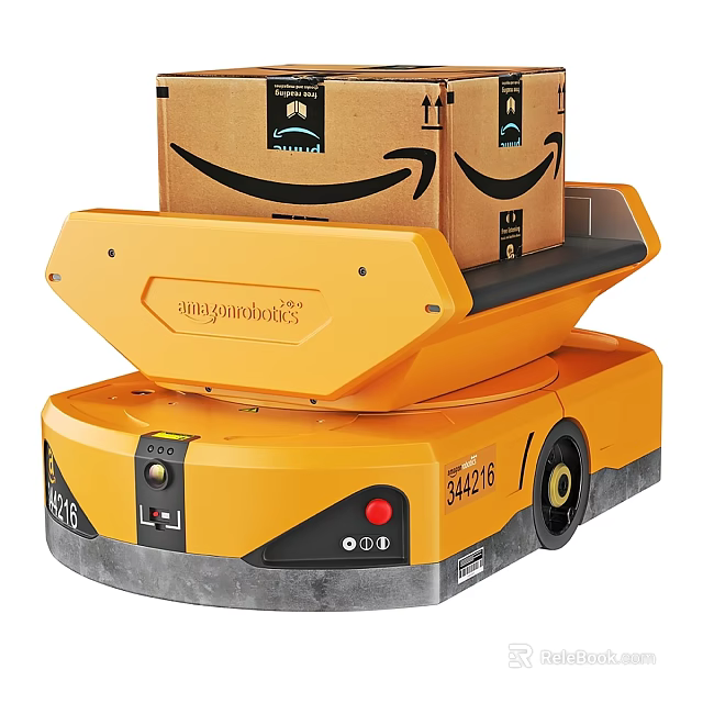 Yellow Automated Logistics Robot Transporting Amazon Packages In Warehouse Facility 3d model