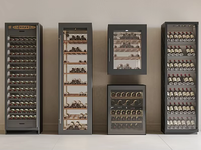 Various Styles Wine Cabinets Including Tall Standing And Square Designs With Stored Wine Bottles 3d model