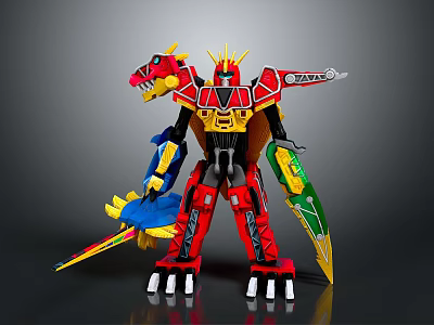 Vibrant Dinosaur Robot Action Figure Featuring Red Yellow Blue Green Armor And Sword 3d model
