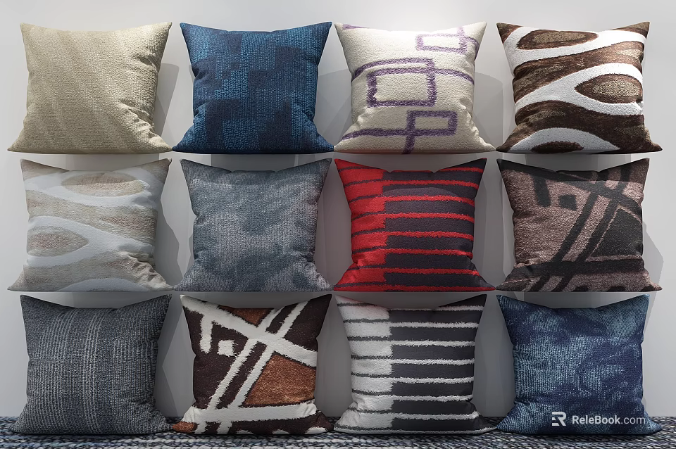 Various Pattern Throw Pillows With Different Colors And Designs For Home Decor 3d model
