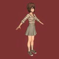 3D Girl Character With Brown Hair Striped Sweater Gray Skirt Red Background Arms Outstretched