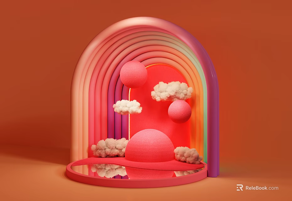 Vibrant Rainbow Arch Photo Spot With Cloud Decorations Spherical Ornaments And Orange Background 3d model 