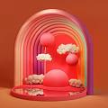 Vibrant Rainbow Arch Photo Spot With Cloud Decorations Spherical Ornaments And Orange Background
