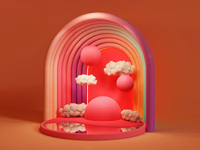 Vibrant Rainbow Arch Photo Spot With Cloud Decorations Spherical Ornaments And Orange Background 3d model