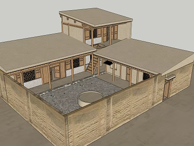 Traditional Chinese Courtyard with Wooden Buildings Connected and Central Patio Gray Roofs Classic Design 3d model