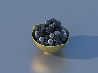 Golden Bowl Filled With Fresh Blackberries And Blueberries On Blue Surface 3d model