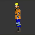 Worker Wearing Yellow Hard Hat Orange Jacket Blue Pants with Green Stripes and Black Boots