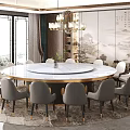 Banquet Hall With Round Marble Dining Table White Chairs Decorative Wall Painting Carpet And Green Plant