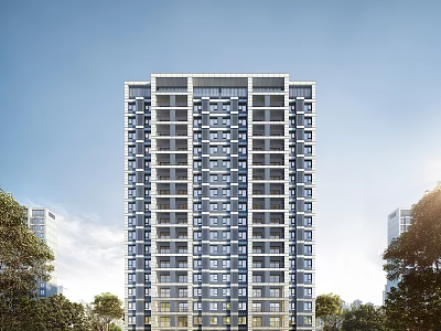 Tall Modern Residential Building Exterior With Many Windows Surrounded By Trees And Blue Sky 3d model