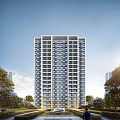 Tall Modern Residential Building Exterior With Many Windows Surrounded By Trees And Blue Sky