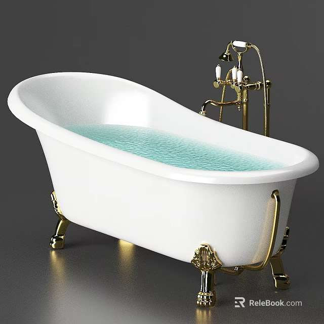 White Freestanding Bathtub Design With Gold Faucet Stand And Blue Water 3d model 