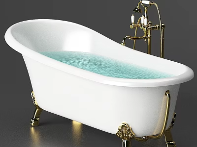 White Freestanding Bathtub Design With Gold Faucet Stand And Blue Water 3d model