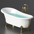 White Freestanding Bathtub Design With Gold Faucet Stand And Blue Water