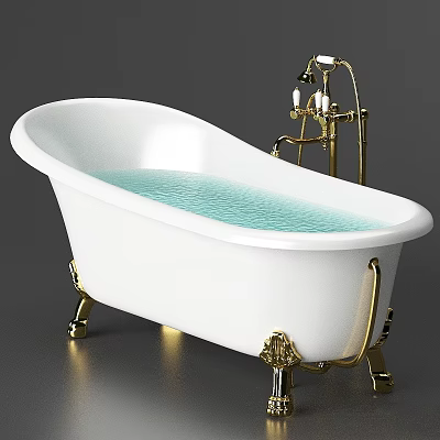 White Freestanding Bathtub Design With Gold Faucet Stand And Blue Water 3d model