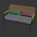 Modern Sofa With Rattan Backrest Blue Cushions And Black Metal Frame Design
