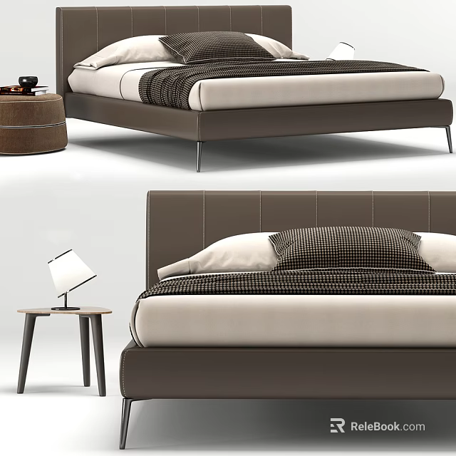 Modern Double Bed With Leather Headboard Checkered Pillows And Side Table Lamp 3d model