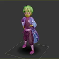 Cute Blonde Cartoon Character Wearing Blue Kimono Coat And Brown Clothes On Dark Background