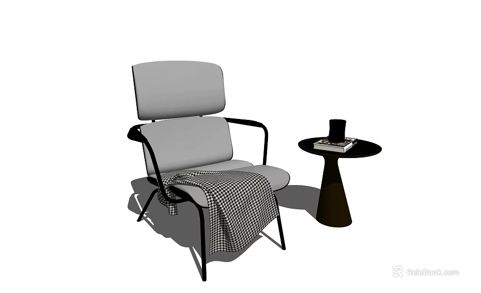 Gray Accent Chair With Black Frame Plaid Blanket By Side Table Holding Cup And Book 3d model 