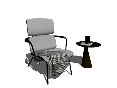 Gray Accent Chair With Black Frame Plaid Blanket By Side Table Holding Cup And Book 3d model