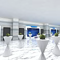 Modern Exhibition Hall With Marble Floor Landscape Paintings Display Stands And Digital Screens