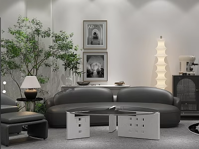 Modern Leisure Area with Gray Sofa Coffee Table Floor Lamp Green Plant and Framed 3d model