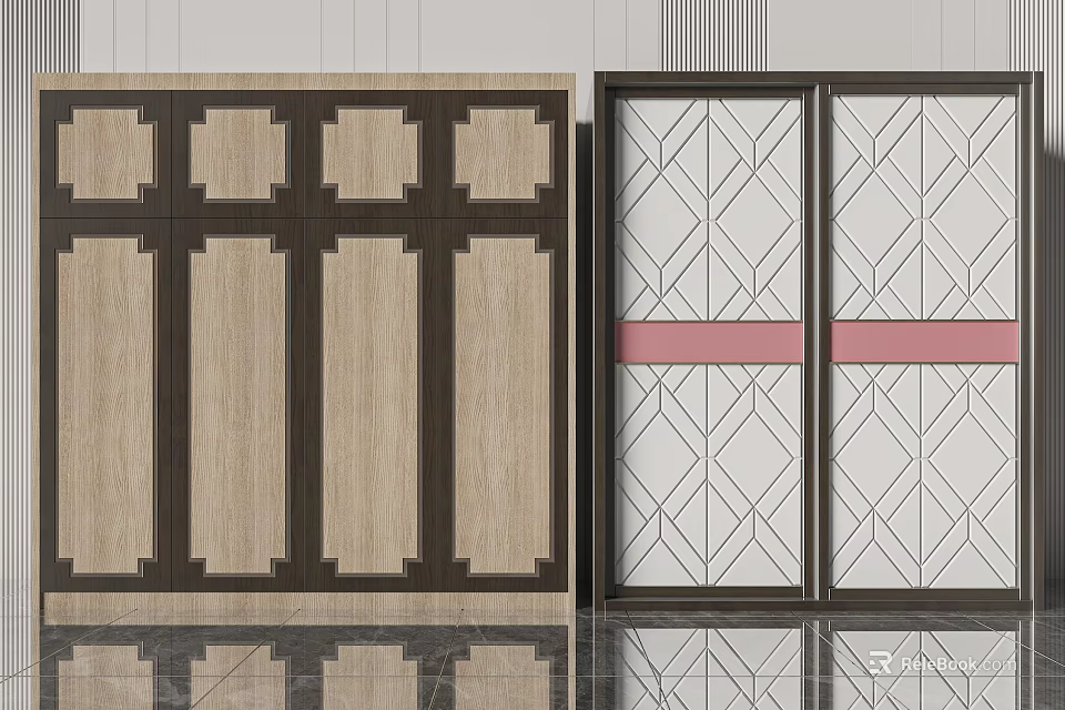 Contemporary Wardrobe Designs Featuring Wooden Texture Dark Frames White Panels And Pink Accent Stripes 3d model 