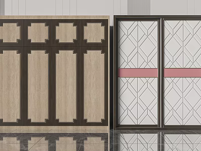 Contemporary Wardrobe Designs Featuring Wooden Texture Dark Frames White Panels And Pink Accent Stripes 3d model