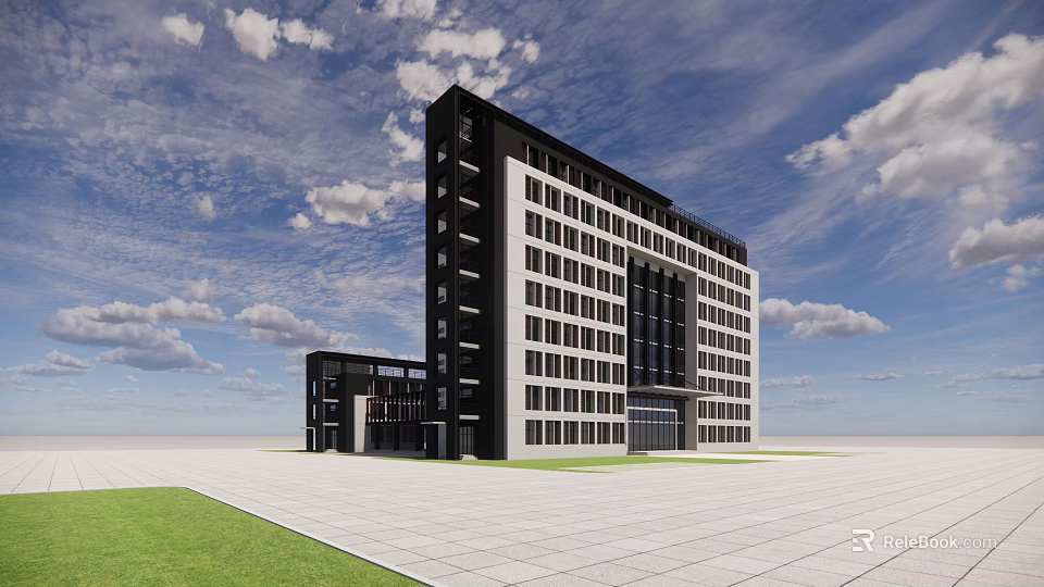 Modern High Rise Office Building With Glass Curtain Wall Plaza And Green Lawn 3d model 
