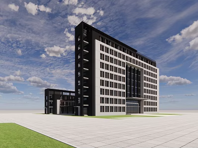 Modern High Rise Office Building With Glass Curtain Wall Plaza And Green Lawn 3d model
