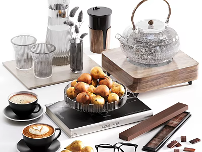 Stylish Ceramic Ware Collection With Teapot Fruit Bowl Coffee Cups And Pears On Wooden Tray 3d model