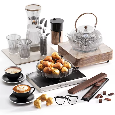Stylish Ceramic Ware Collection With Teapot Fruit Bowl Coffee Cups And Pears On Wooden Tray 3d model