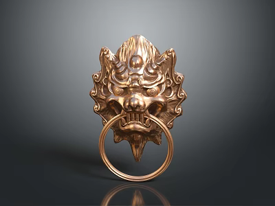 Traditional Mythical Beast Head Bronze Door Knocker With Intricate Carved Details 3d model