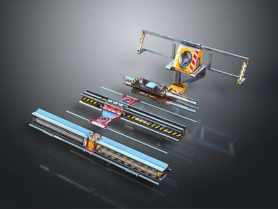 Modern Mechanical Setup Featuring Metal Tracks Yellow Components And Industrial Structures 3d model
