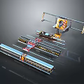 Modern Mechanical Setup Featuring Metal Tracks Yellow Components And Industrial Structures 3d model